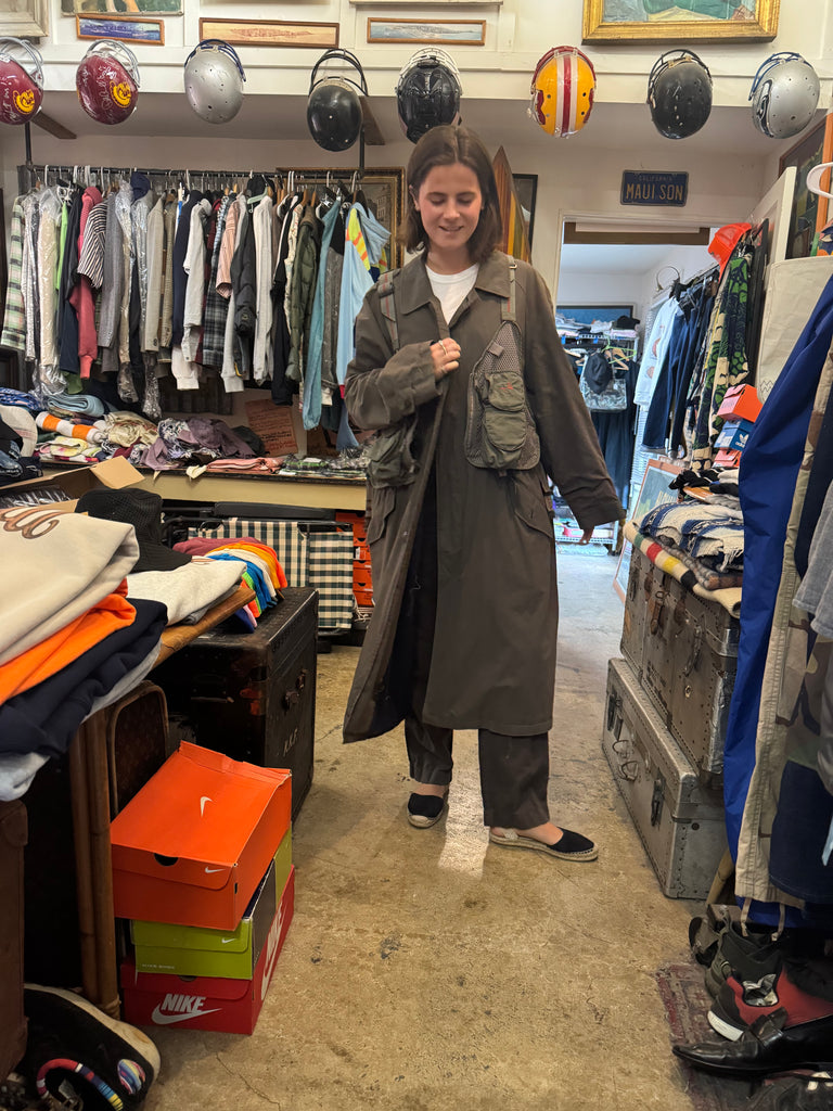 OVERSIZED TRENCH W/ APPLIQUÉ GARAGE SALE FLY FISHING VEST