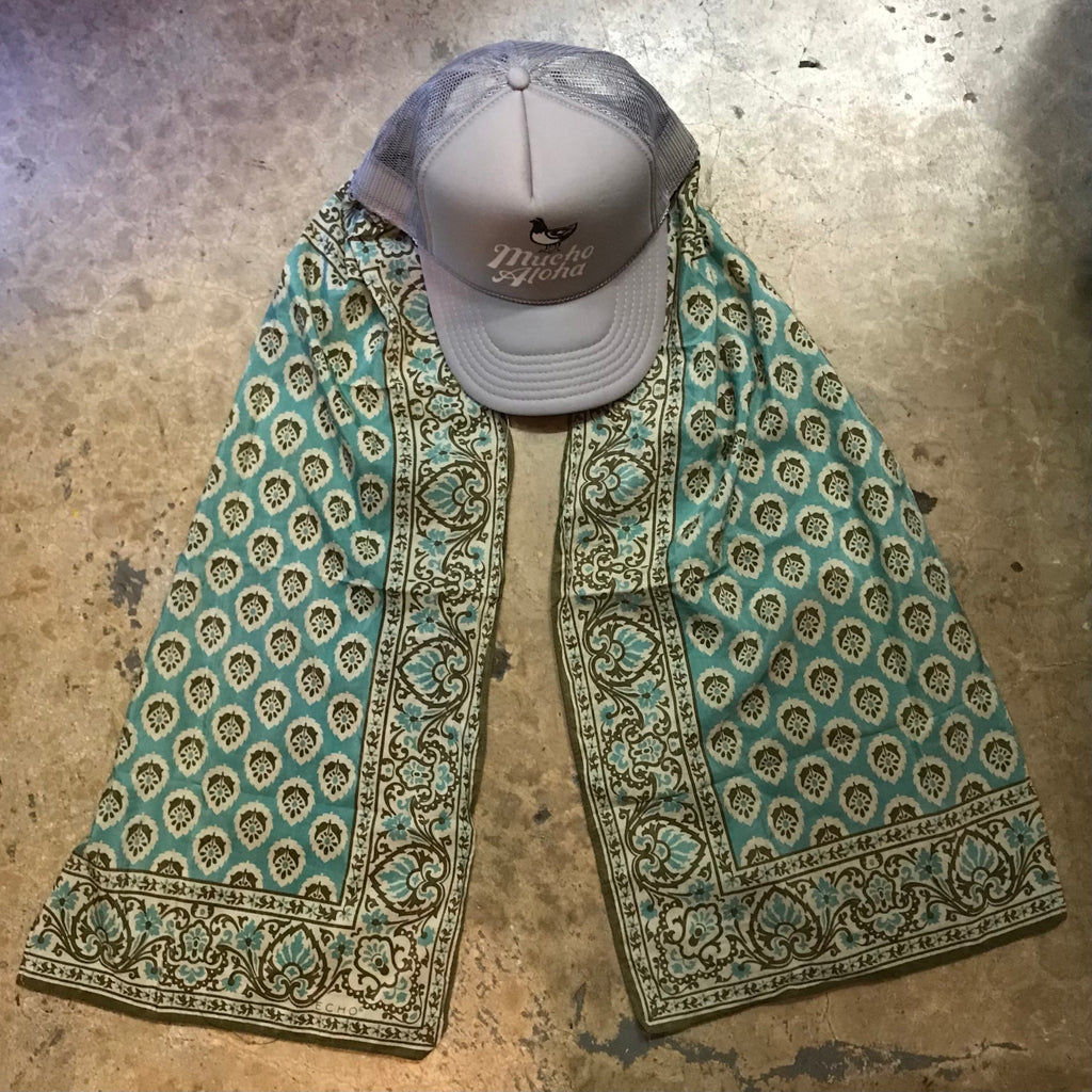 Silver Mucho Trucker with Turquoise and Olive Scarf