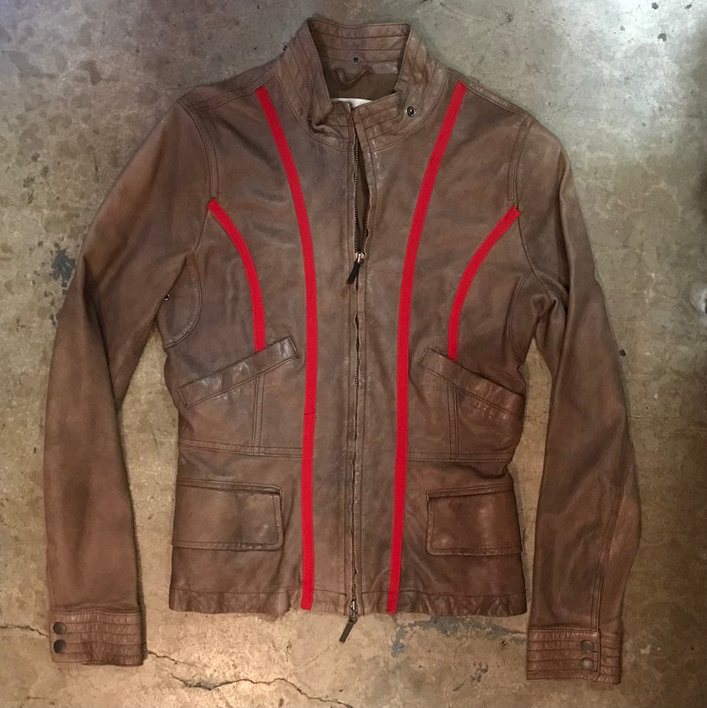 VINCE LEATHER JACKET W/ RED SEWN STRIPES