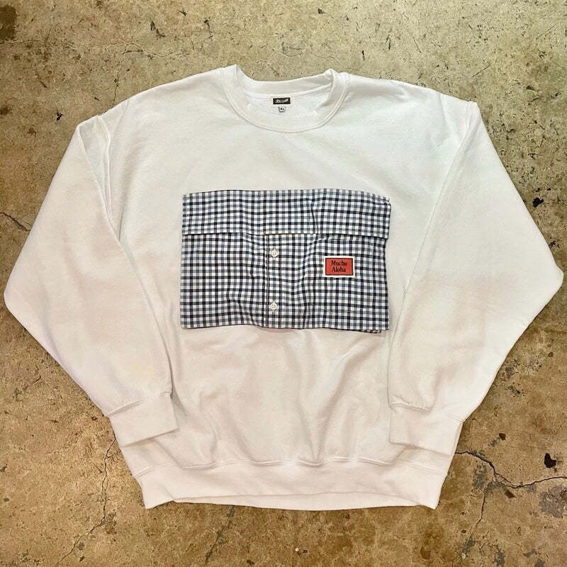 Mucho Aloha - White & Blue Plaid Pocket Crewneck