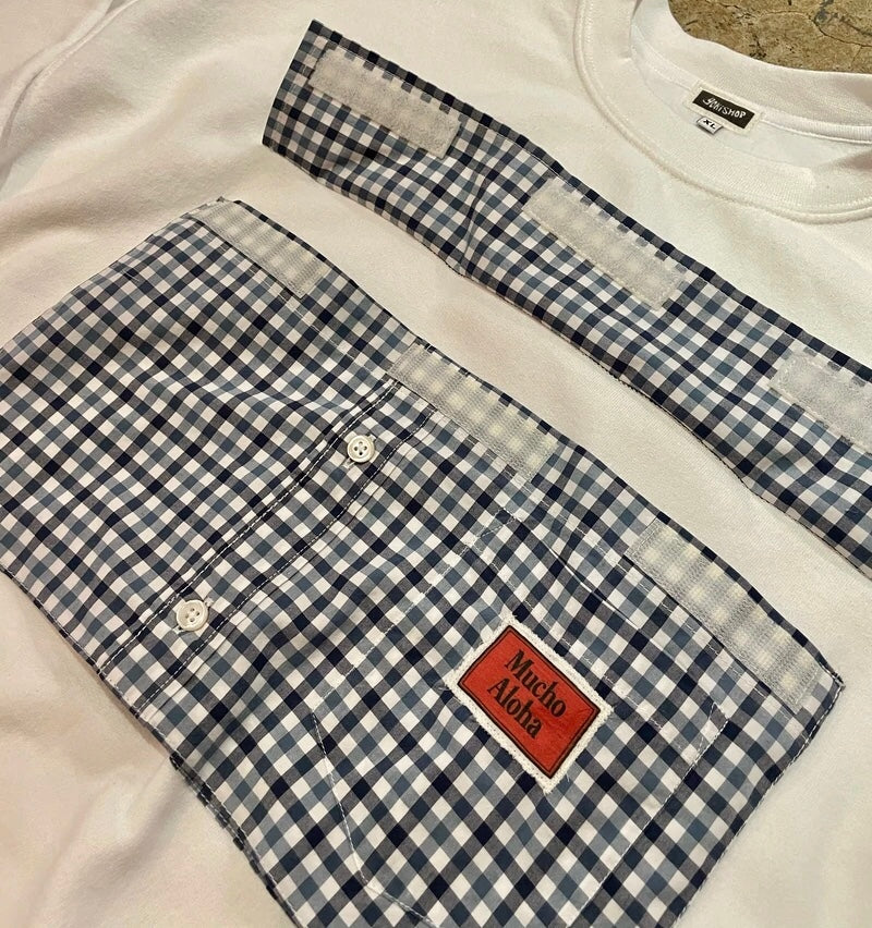 Mucho Aloha - White & Blue Plaid Pocket Crewneck