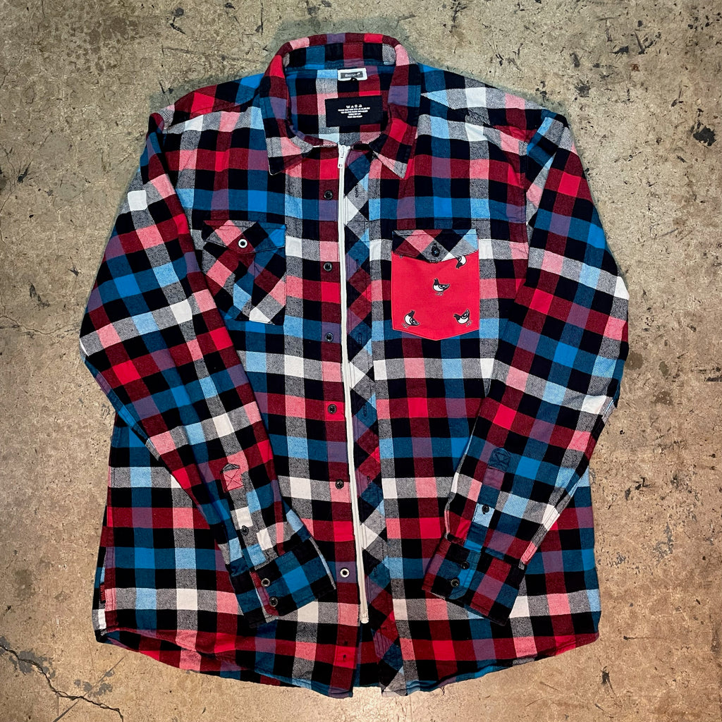 Yokishop Original - Red & Blue Plaid Front Zip Flannel W/ "Boogie Short" Pocket