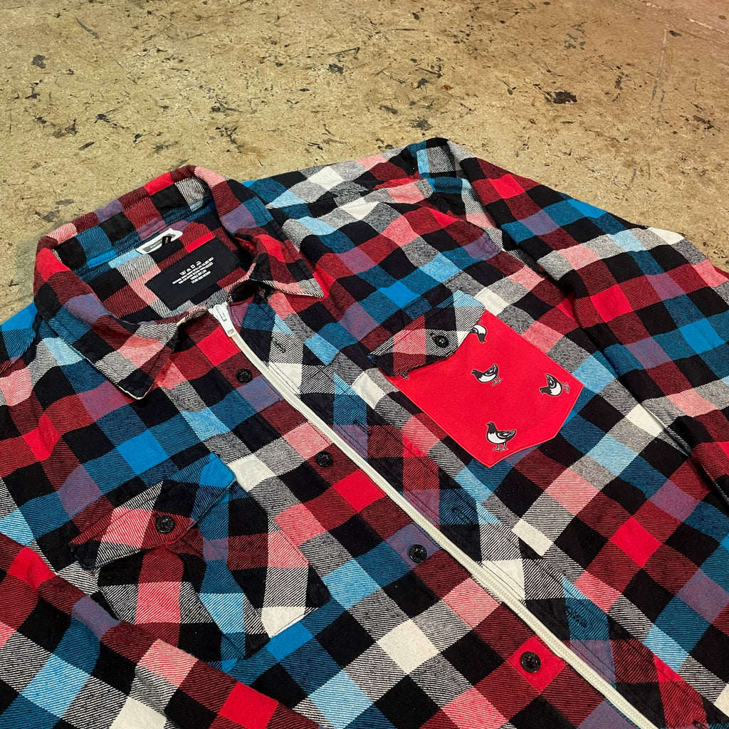 Yokishop Original - Red & Blue Plaid Front Zip Flannel W/ "Boogie Short" Pocket