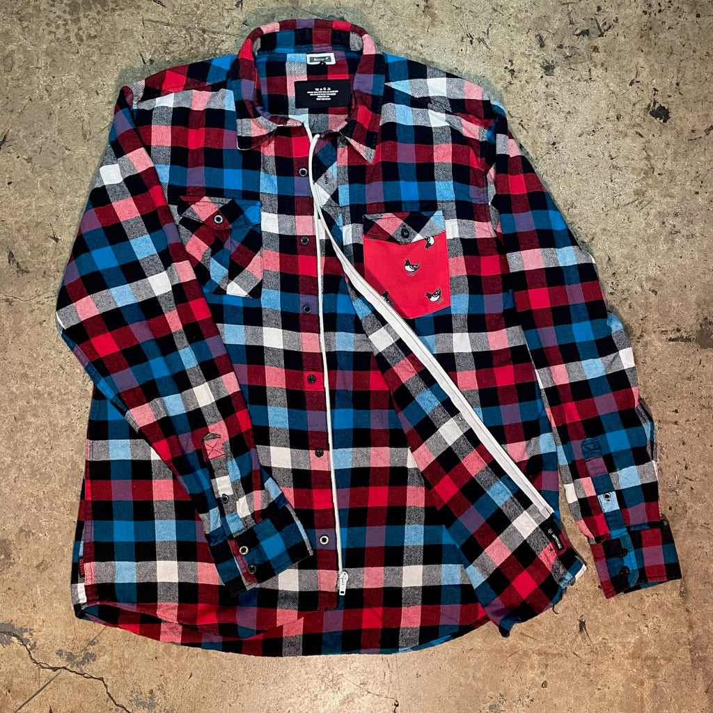 Yokishop Original - Red & Blue Plaid Front Zip Flannel W/ "Boogie Short" Pocket