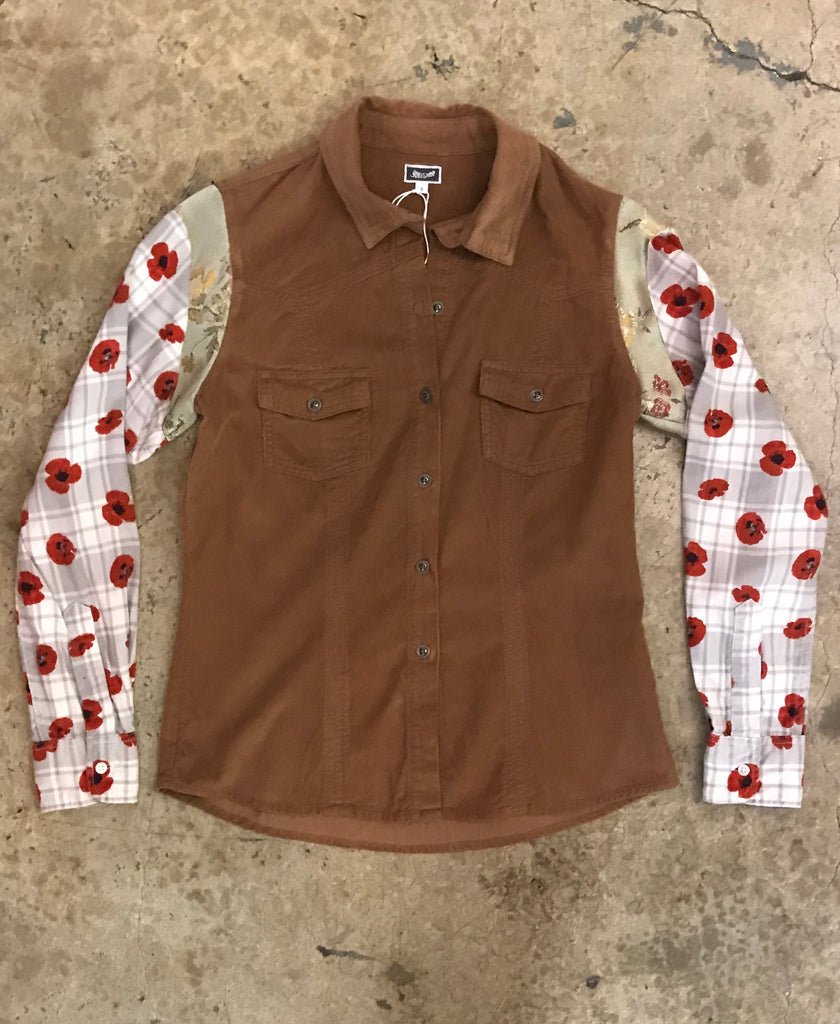 Yokishop - Re-Issued Fine Wale Corduroy Shirt w/ Plaid Floral Satin Sleeves