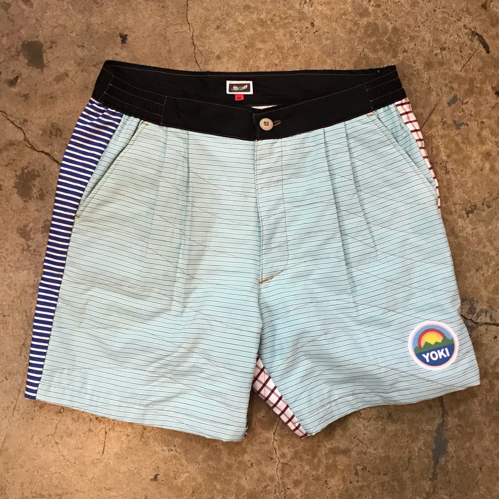 Yokishop - Stripe Check Woven Shirt Fabric Shorts